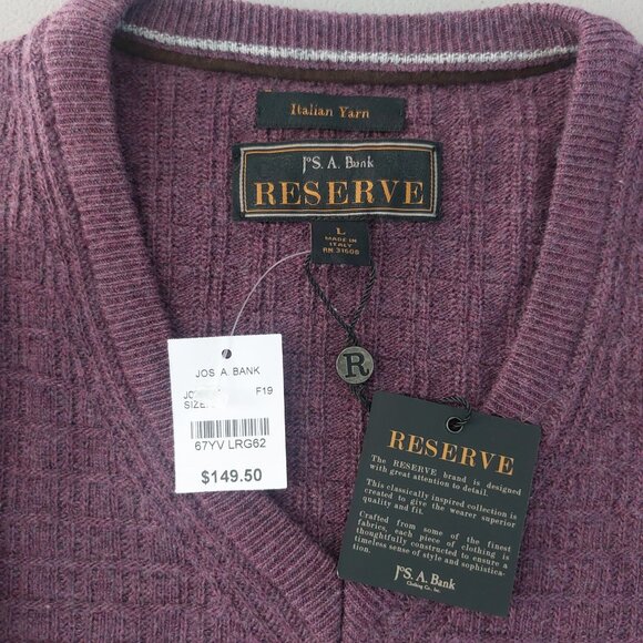 JoS. A. Bank Men's Wool Sweater L Burgundy Pullover V Neck Classic Menswear NEW - Picture 2 of 8